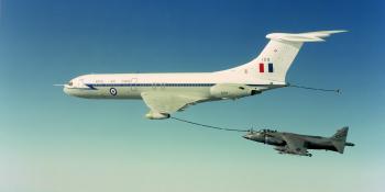 The VC10 could refuel a wide variety of UK and NATO aircraft. This included the Sea Harrier FRS.1, which could be fitted with a detachable in-flight refuelling probe Crown Copyright/Sgt Rick Brewell ABIPP