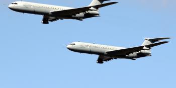 The two VC10s on the final air-to-air refuelling mission perform a flypast at their home base of RAF Brize Norton.  Mark Kwiatkowski