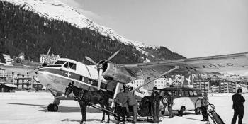 Twin Pioneer G-AOEO at Davos, Switzerland, where passengers were taken by horse-drawn sledge from aircraft to hotel or ski-lift. AEROPLANE